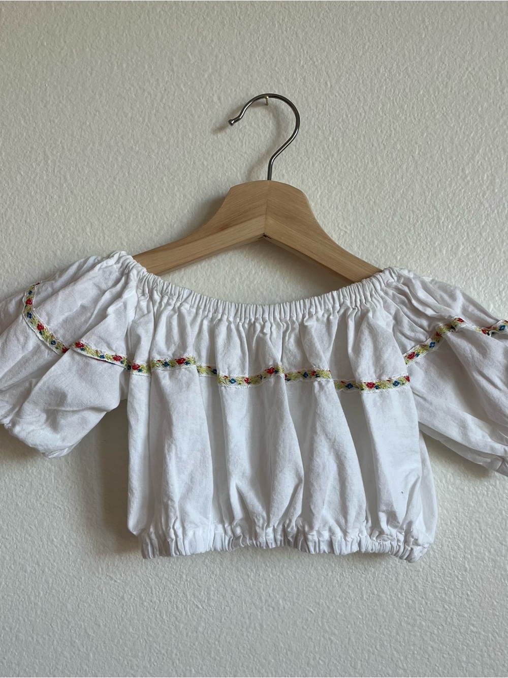 White Off-Shoulder Cropped Peasant Top with Floral Trim